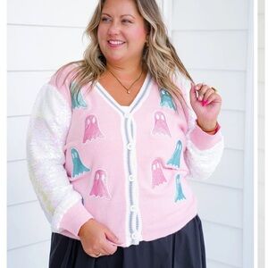 GRACE + EMMA 2XL 3XL Pink Ghost Cardigan Sweater White Sequins Halloween Pastel